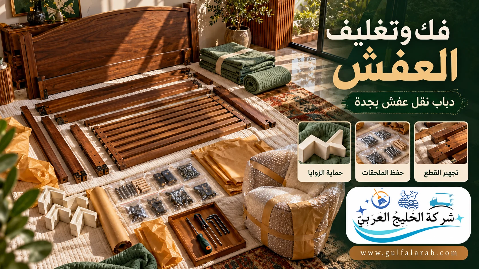 فك الأثاث وحفظ ملحقاته وتجهيز مواد التغليف قبل النقل