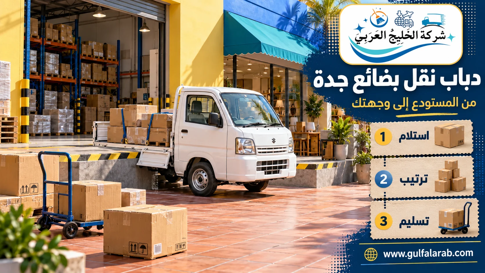 استلام كراتين وبضائع من مستودع ونقلها بحوض الدباب